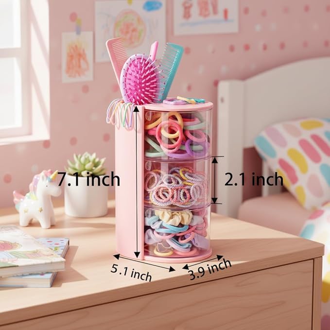 3-Layer(pink) Clear Hair Accessories Organizer,Hair Caddy Organizer,with Hair Brushes Holder Rotatable Small Jewelry Box for Hair Clip, Earring Necklaces, Makeup Brush, Hair Accessories.