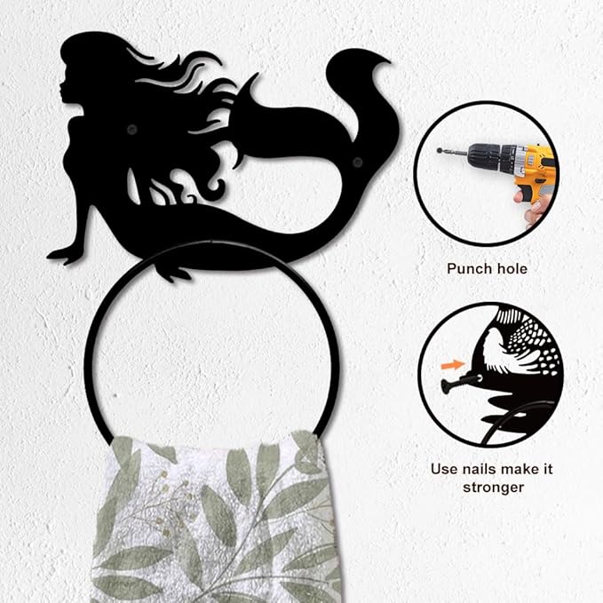 MAYJOYDIY Mermaid Metal Towel Ring Mermaid Sea Hand Towel Holder Round Ocean Theme Towel Hangers Black Bathroom Towel Rack Wall Mounted for Kitchen Bath Home Laundry Room Decors Gifts