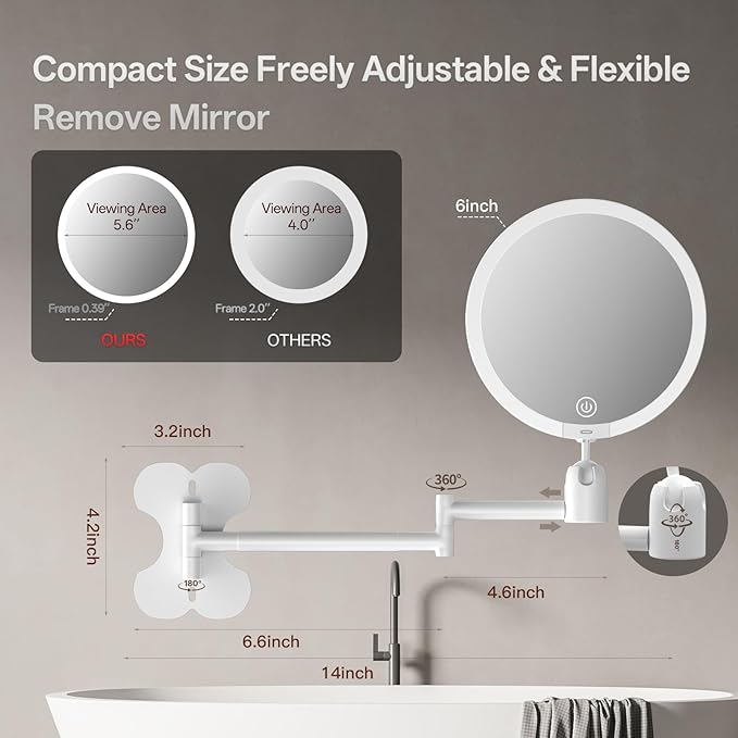 6" Led Wall Mounted Makeup Mirror Double Sided 1/10X, 1-Second Install Lightweight Compact Wall Mirror with Light, Rechargeable Extendable Magnifying Mirror for Bathroom, Wall Vanity Mirrors (1+10X)