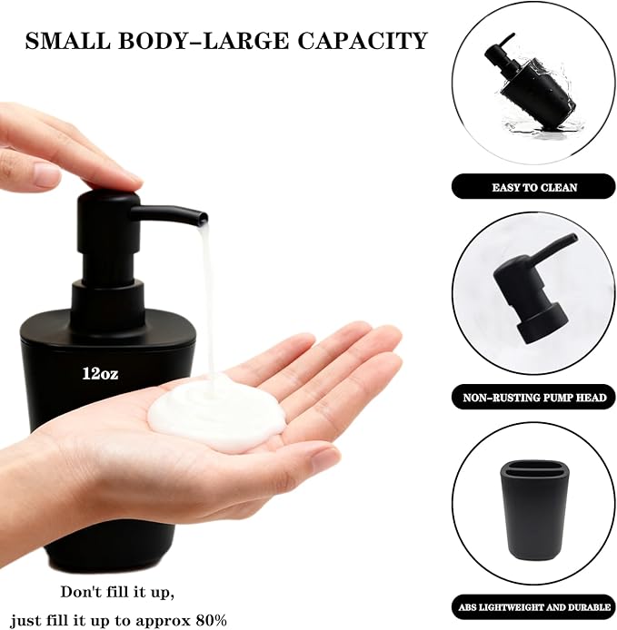 Matte Black Bathroom Accessories Set, 4-Piece Plastic Bathroom Decor Set with Soap Dispenser, Toothbrush Holder, Rinse Cup & Soap Dish, Countertop Bathroom Organizer