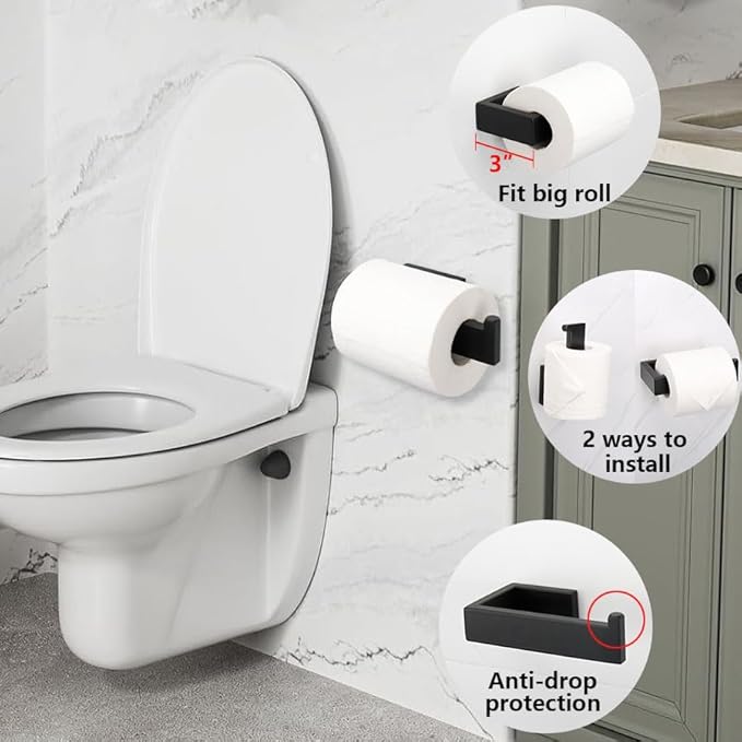 TocTen 4 Pcs Bathroom Hardware Set, Thicken Stainless Steel Hand Towel Bar Set-Includes 9 in Bath Towel Holder+Toilet Paper Holder+2 Robe Towel Hooks, Wall Mounted Bathroom Accessories Kit(Black)