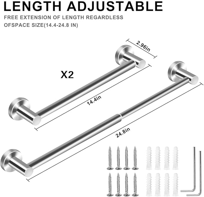 MGahyi Towel Racks for Bathroom-Adjustable Towel Holder(13.18inch-24inch) Sturdy and Rustproof Towel Bar Wall Mounted, Single Towel Bar Rod for Bathroom Accessories (Silver, 2Pack-Towel Bar)