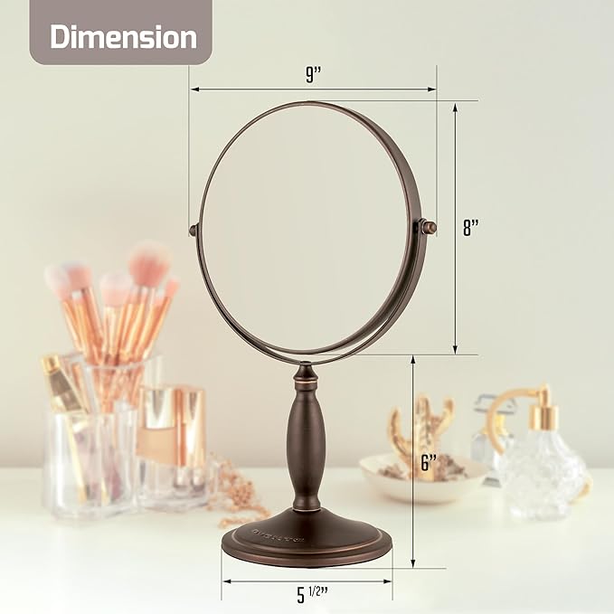 OVENTE 8'' Tabletop Makeup Mirror with 1X/7X Magnification, 360° Swivel Design and Double-Sided Free-Standing Vanity Mirror Perfect for Dresser, Bedroom and Office Desk, Antique Bronze MNLAT80ABZ1X7X
