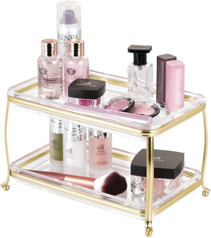 mDesign Decorative Makeup Storage Organizer Vanity Tray for Bathroom Counter Tops, 2 Levels to Hold Makeup Brushes, Eyeshadow Palettes, Lipstick, Perfume and Jewelry - Soft Brass/Clear