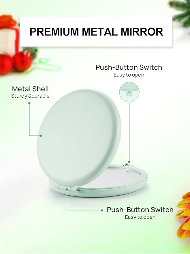 Compact Mirror for Purse, Set of 100 Double-Sided 1X/2X Magnifying Metal Pocket Makeup Mirrors(Round, Cyan)