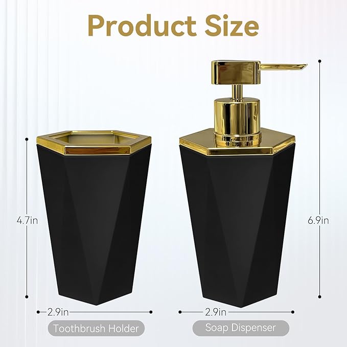 2 PCS Black and Gold Bathroom Accessories Set, Bathroom Accessories Include Soap Dispenser and Toothbrush Holder, Morden Bathroom Décor, Bathroom Sets Accessories