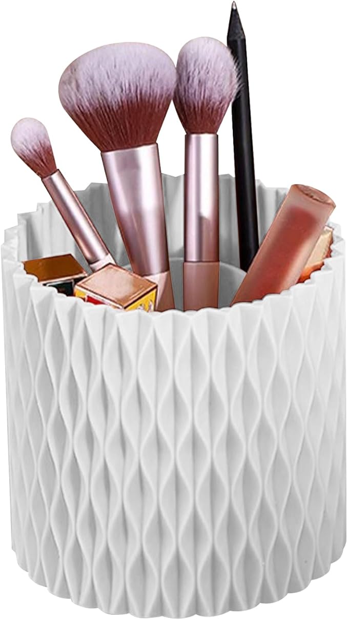 Makeup Brush Holder Organizer, 360?? Rotating Multi-Functional Pen Holder for Desk, 5 Slot Makeup Spinning Storage Rack for Bathroom Drawers,Vanities,Countertops,Office Desk(white)