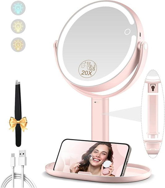 MOMOKUBA Makeup Mirror with Lights, Double Sided 1x/20x Magnifying Mirror with Light, Rechargeable 3 Color Lights and Adjustable Brightness, 360° Rotation Detachable Comes with Tweezer(Pink)