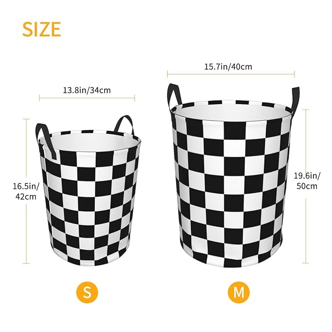 Black And White Checkered Pattern Round Laundry Hamper Checkerboard Storage Basket Toys Clothes Organizer Bin For Home Bathroom Bedroom Dorm Nursery, 38l