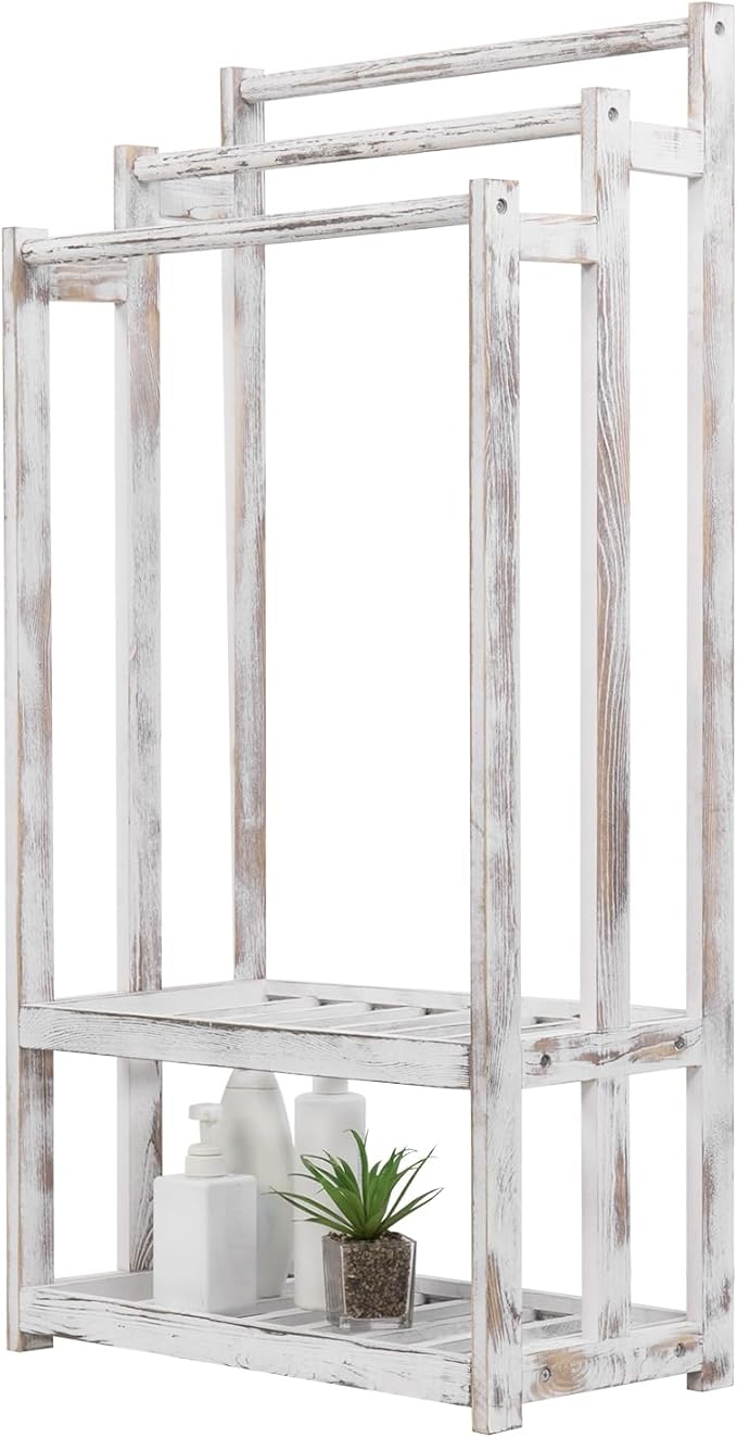 MyGift 3 Tier Bathroom Towel Rack Freestanding, Free Standing Bath Towel Drying Holder Stand with 2 Slatted Bottom Storage Organizer Shelf, Farmhouse Whitewashed Solid Wood