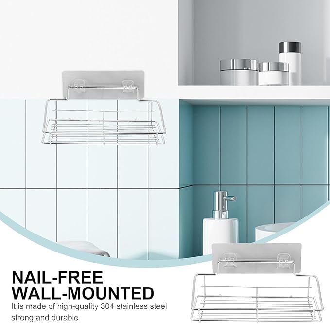 Stainless Steel Wall-Mounted Draining Storage Rack with Inner Box, Bathroom and Kitchen Toiletry Shelf, Nail-Free Floating Shelf for Organizing Supplies and Accessories