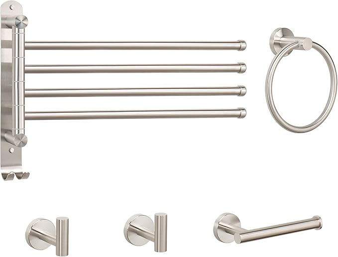 NearMoon 5 Pieces Bath Hardware Set, Include Swivel Towel Rack, Hand Towel Ring, Toilet Paper Holder and 2 Robe Towel Hooks, Stainless Steel Bathroom Accessories Wall Mounted (Brushed Nickel)