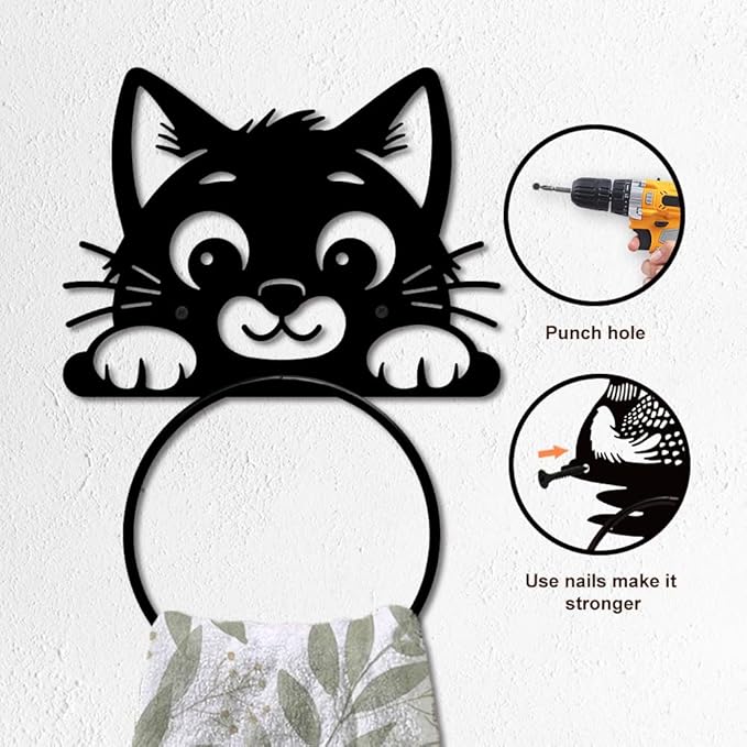 MAYJOYDIY Cute Cat Metal Towel Ring Cute Animal Towel Holder Peeping Cat Bath Towel Ring for Wall Black Art Towel Rack Wall Mounted for Bathroom Kitchen Towel Hanger Home Decors Gift