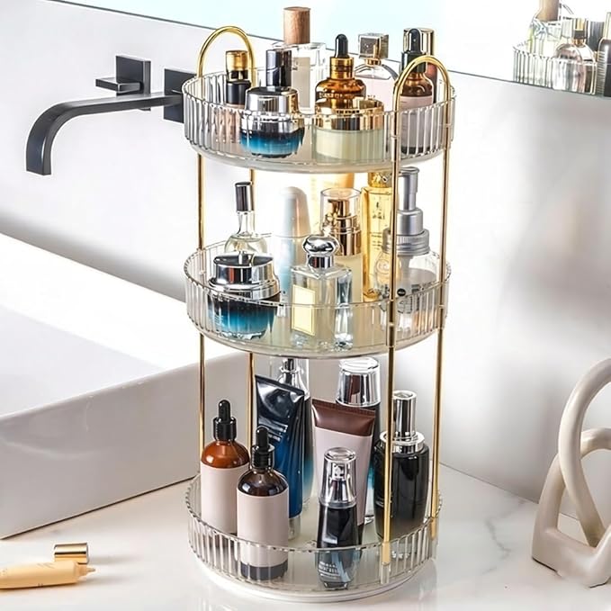 360° Rotating Makeup Organizer, Large Capacity 3 Tier Perfume Skincare Clear Bathroom Organizers, Multi-Function Spinning Cosmetic Storage for Bedroom, Dresser, Countertop