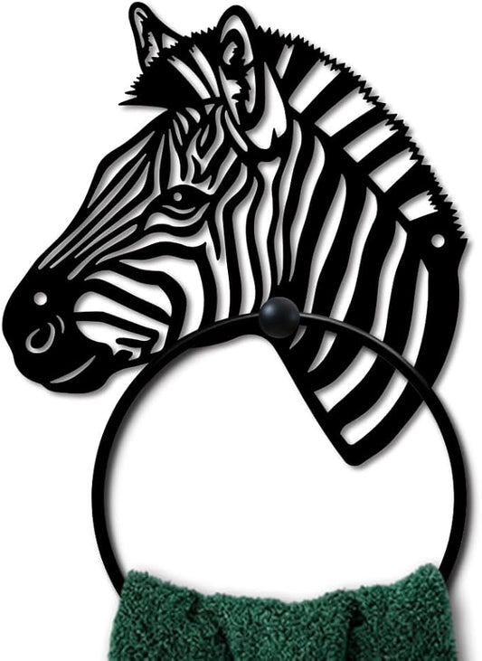 MAYJOYDIY Zebra Head Metal Towel Ring Round Grassland Zebra Hand Towel Holder Animals Ring Hanger Wall Mount Black Vintage Towels Wall Organizer for Kitchen Bath Home Laundry Room Decors Gifts