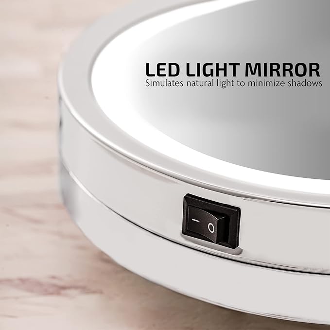 OVENTE Wall Mounted Lighted Makeup Mirror, 9" Double Sided 1X/10X Magnifying Vanity Mirror for Bathroom with LED Lights, Cordless, 360° Rotation and 13" Extendable Arm, Polished Chrome MFW85CH1X10X