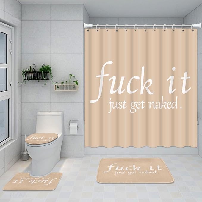 ArtSocket 4PC Funny Get Naked Beige Modern Shower Curtain Sets Bathroom Decor with Rugs, Non-Slip Rug,Toilet Lid Cover, Bath Mat and 12 Hooks 72x72 inches