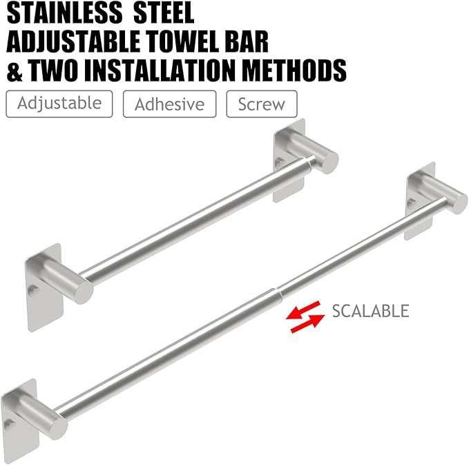 Towel Bar, 14inch to 25inch Adjustable Towel Holder Rod, Self Adhesive Wall Mounted Hand or Body Towel Rack for Bathroom Kitchen, Stainless Steel Organizer Single Bar (Brushed Nickel, 2 Pack)