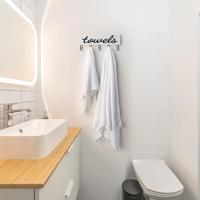 Mkono Towel Holder Wall Mounted Towel Rack Bathroom Decor Rustic White Wood Towel Hooks to Hang Towels Bathroom Robe Coat Clothing, Bath Towel Hanger Storage Home Decor Organizer,Small