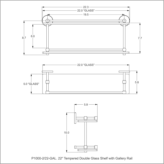 Allied Brass P1000-2/22-GAL-WHM 22 Inch Tempered Double Glass Gallery Rail Shelf, Matte White