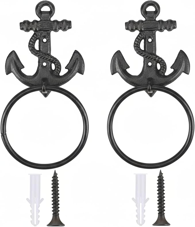 2 Pcs Nautical Towel Ring Cast Iron Anchor Hand Towel Holder Vintage Decorative Wall Mount Kitchen Bathroom Hanger for Ocean Nautical Bathroom Decor Accessories(Black)