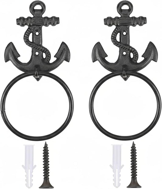 2 Pcs Nautical Towel Ring Cast Iron Anchor Hand Towel Holder Vintage Decorative Wall Mount Kitchen Bathroom Hanger for Ocean Nautical Bathroom Decor Accessories(Black)