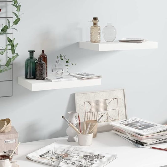 Floating Wall Shelves 2 Pack High Gloss White Modern Display Rack 15.7x9.1 Inches for Living Room Bedroom Decor, Invisible Mounting, Durable MDF Metal Frame