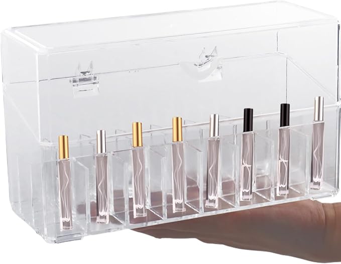 Klmnop Rollerball Perfume Organizer, 24 Grids Clear Acrylic Perfume Organizer Holder with Lid, Container Storage for Mini Perfume, Perfume Sample and Lipstick(Clear)
