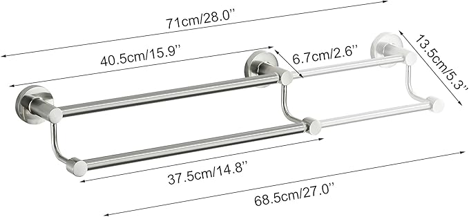 Adjustable Double Towel Racks for Bathroom 15 to 26.5 Inch Towel Bar, Expandable Brushed Nickel Double Bath Towel Holder, Wall Mount with Screws Towel Bar Rod