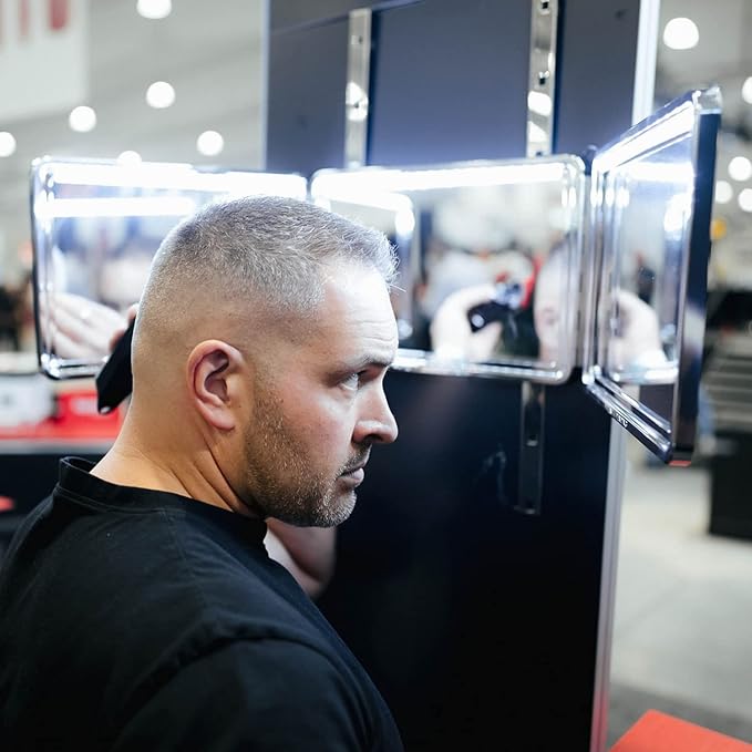 Self-Cut System LED 3 Way Mirror for Self Hair Cutting, Trifold Barber Mirror with Height Adjustable Hooks, 360 View, Includes Free Educational Mobile App (Heaven Lights)