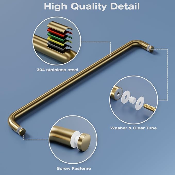 Ranbo Glass Shower Door Towel Bar 24 Inch Stainless Steel Sliding Shower Door Handle Replacement with Satin Gold Finish for Commercial and Residential Glass Doors