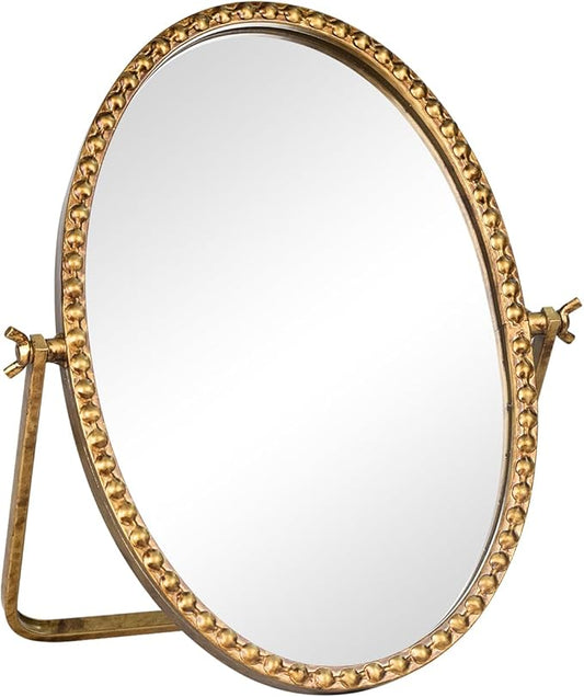 Vintage Desk Makeup Mirror, 12" L x 7.9" W Antique Gold Vanity Table Mirrors, Metal Framed Oval Small Standing Mirrors with Beaded, 360 Adjustable Rotation for Tabletop, Bedroom