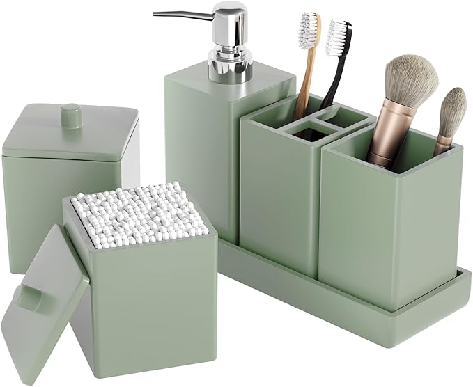 Sage Green Bathroom Accessories Set Resin 6PCS, Square Toothbrush Holders Set Complete with Soap Dispenser, Vanity Tray, Tumbler, Cups and Cotton Swab Jars for Counter, Sink or Small Spaces