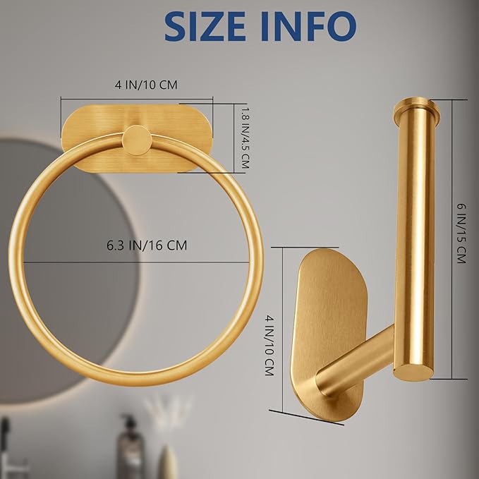 Self Adhesive Towel Ring and Toilet Paper Holder, No Drilling Stainless Steel Bathroom Hardware Set, Sturdy Bathroom Accessories for Home or Kitchen, Wall Mounted (Gold)