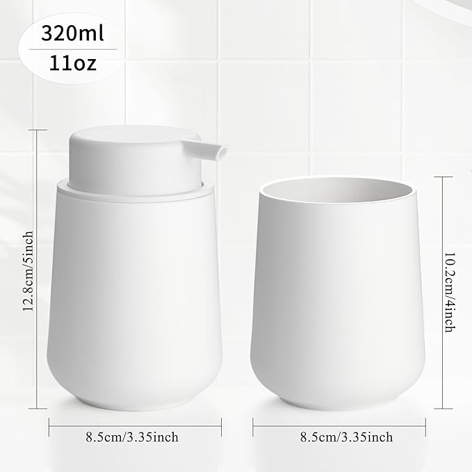 Matte White Bathroom Accessories Set Plastic Foaming Hand Soap Dispenser and Toothbrush Holders 2 Piece