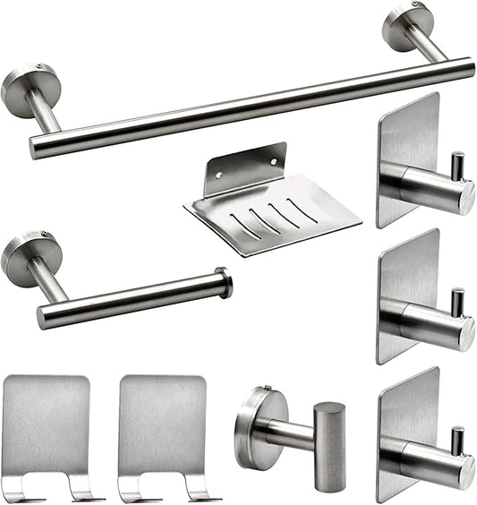 9 PCS Bathroom Hardware Set, Brushed Nickel Stainless Steel Bathroom Tower Rack Set Wall Mounted Includes 16" Towel Bar, Toilet Towel Paper Holder, 6 Robe Towel Hooks, 1 Soap Holder