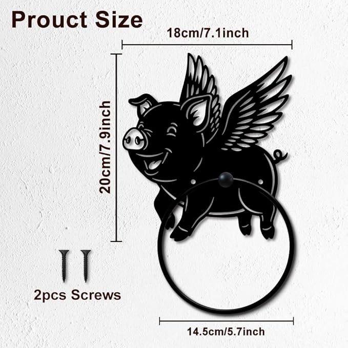 MAYJOYDIY Flying Pig Metal Towel Ring Round Wings Pig Hand Towel Holder Animals Ring Hanger Wall Mount Black Vintage Towels Wall Organizer for Kitchen Bath Home Laundry Room Decors Gifts