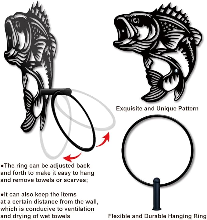 MAYJOYDIY Fish Metal Towel Ring Fishing Theme Towel Holder Animal Bath Towel Ring for Wall Black Art Towel Rack Wall Mounted for Bathroom Kitchen Towel Hanger Home Decors Gift