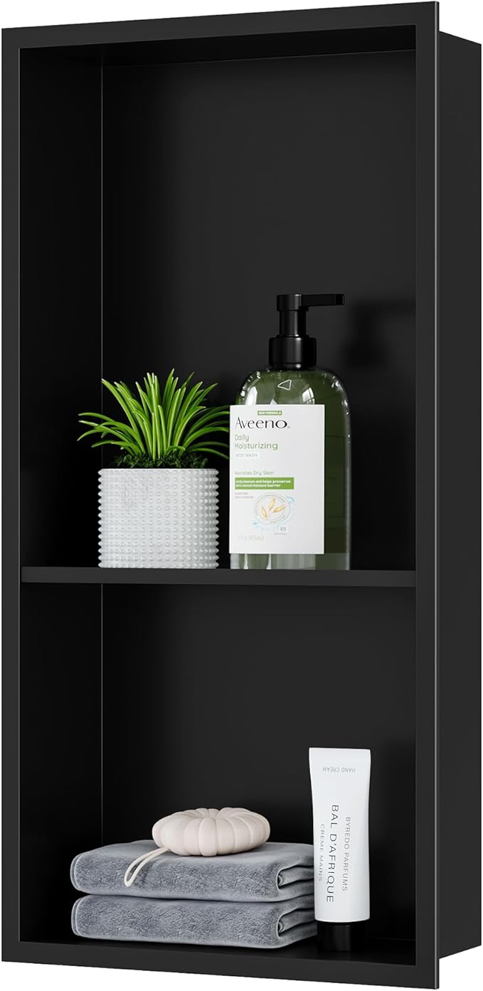 Neodrain Shower Niche Insert Tile-Ready Recessed Wall Niche for Shower Organizer - Stainless Steel No Tile Needed Built-in Bathroom Shelf, 2-Tier12x24 Inch Easy Install, Matte Black