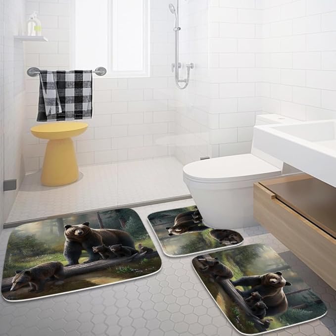 Cute Bear Forest Aesthetic Bathroom Rugs and Mats Sets 3 Piece, Memory Foam Bath Mat, U-Shaped Contour Shower Mat Non Slip Absorbent, Velvet Washable 20 x 31 inch Black and Green