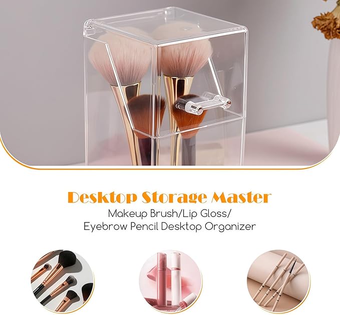 erioctry Clear Acrylic Makeup Brush Organizer with Lid Square Cosmetic Brush Holder Dustproof Jewelry Storage Container