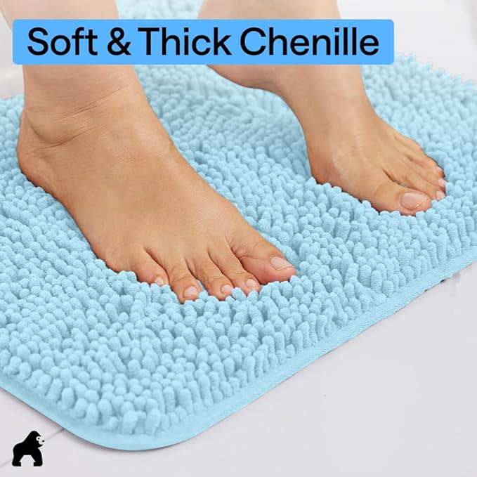 GORILLA GRIP Bath Rug Mat 44x26, Thick Soft Absorbent Chenille, Quick Dry Microfiber Mats, Rubber Backing Washable Shower Floor Rugs, Bathmat Runner, US Designed Bathroom Home Decor Accessories Sky