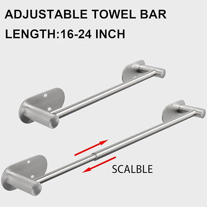 TocTen Self Adhesive Towel Bar, Stick Bath Towel Rack for Bathroom Adjustable 16-24", Stainless Steel Bathroom Towel Holder, No Drill Stick on Wall Towel Hangers for Bathroom(Brushed Nickel)