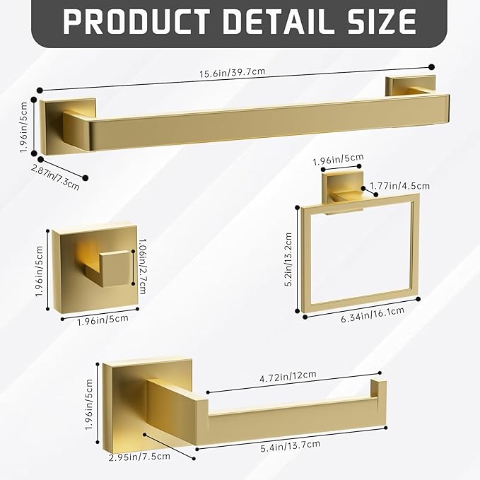 Gold Bathroom Hardware Accessories Set of 5 Pieces, 15.6 Inch Bath Towel Bar Set, 304 Stainless Steel Bathroom Hardware Set, Towel Racks for Bathroom Wall Mounted