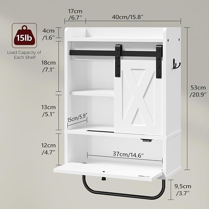 MAHANCRIS Bathroom Wall Cabinet, Farmhouse Medicine Cabinets with Sliding Door, Wall Mounted Storage Cabinet with Adjustable Shelf and Towel Bar, for Bathroom, Living Room, Kitchen, White