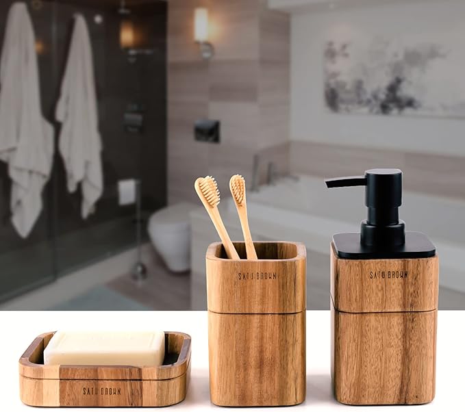 Bathroom Accessories Set 3 Piece Bath Ensemble Includes Soap Dispenser, Bathroom Tumbler, Soap Dish Accessories for Decorative Countertop and Housewarming Gift,Acacia Wood