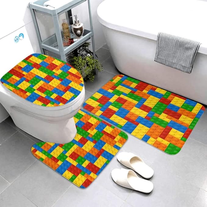 LOKMU 4 Pcs Shower Curtain Sets with Non-Slip Rugs,Toilet Lid Cover and Bath Mat,Colorful Blocks Waterproof Shower Curtain with 12 Hooks, Bathroom Decor Sets, 72"x 72"