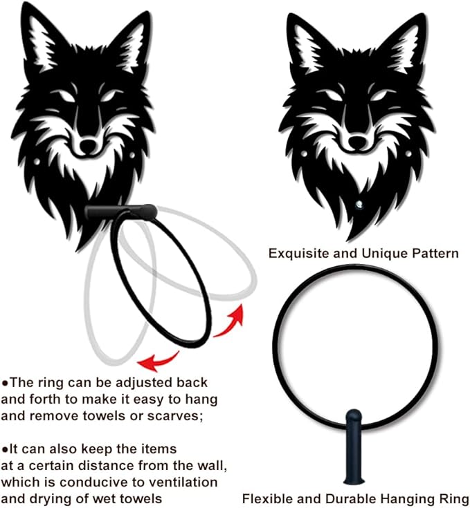 MAYJOYDIY Fox Head Metal Towel Ring Round Animal Hand Towel Holder Ring Hanger Wall Mount Black Vintage Towels Wall Organizer for Kitchen Bath Home Laundry Room Decors Gifts