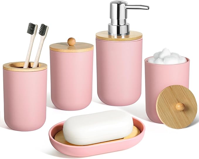 Pink Bathroom Accessories - 5 Pcs, Plastic Decor Set, Soap Dispenser, Toothbrush Holder, Soap Dish, Cotton Swab Jar, Boho Organizer
