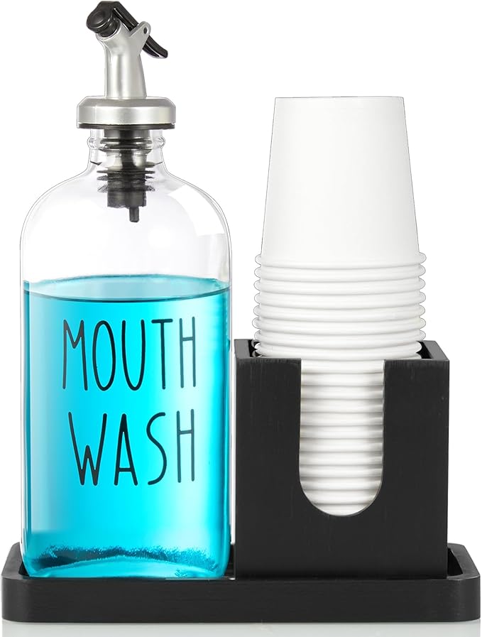 Glass Mouthwash Dispenser for Bathroom, 16 OZ Mouthwash Dispenser with Pour Spout and Wood Cup Holder and Tray, Mouth Wash Bottle Container, Black Kitchen Bathroom Decor and Accessories
